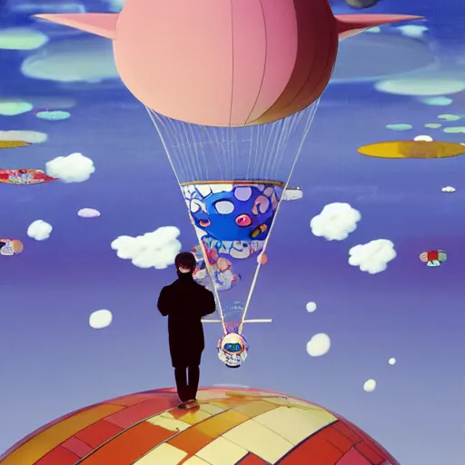 Image similar to a man walking on clouds above kyoto by takashi murakami, beeple and james jean, aya takano color style, 4 k, super detailed