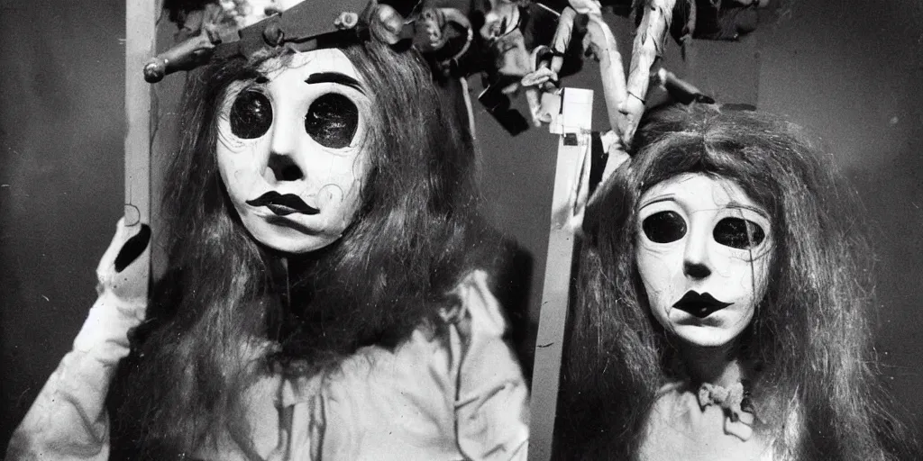 Image similar to 1 9 7 0 s female alive, eerie, creepy masked marionette puppet, unnerving, clockwork horror, mime women, pediophobia, lost photograph, dark, forgotten, final photo found before disaster, realistic, vintage noir, polaroid,