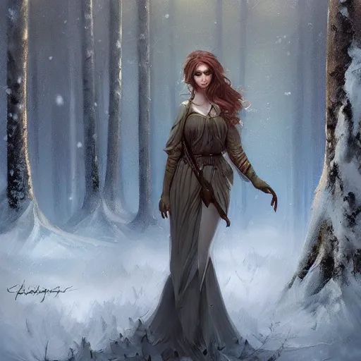 Prompt: a painting of a goddess in a snowy forest, a digital painting by Charlie Bowater, featured on cgsociety, fantasy art, detailed painting, artstation hd, ilya kuvshinov