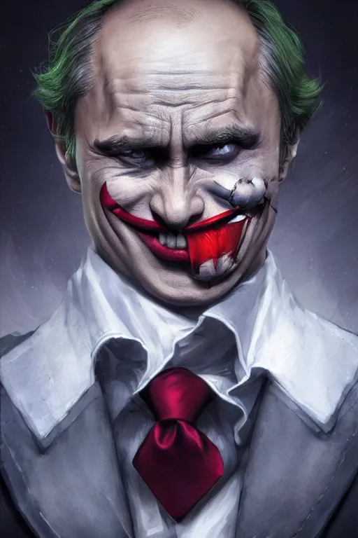 Image similar to vladimir putin as a joker, realistic, high definition, 4 k, shimmering color, hyper detailed, art of greg rutkowski and magali villeneuve and artgerm