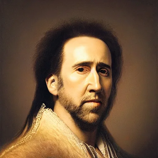 Prompt: a portrait of Nicholas Cage with detailed hair painted by Rembrandt epic lighting