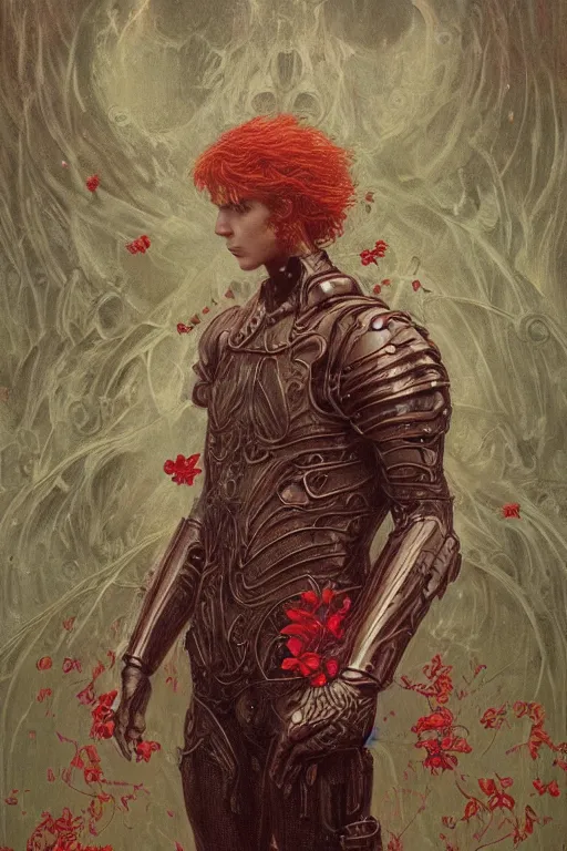 Image similar to portrait of beautiful gothic young man, thunderstorm, cyber armor, a lot of scars, more and more flowers, red head, the middle ages, highly detailed, artstation, illustration, art by jean delville, 8 k quality, art by greg gandy and dragan bibin