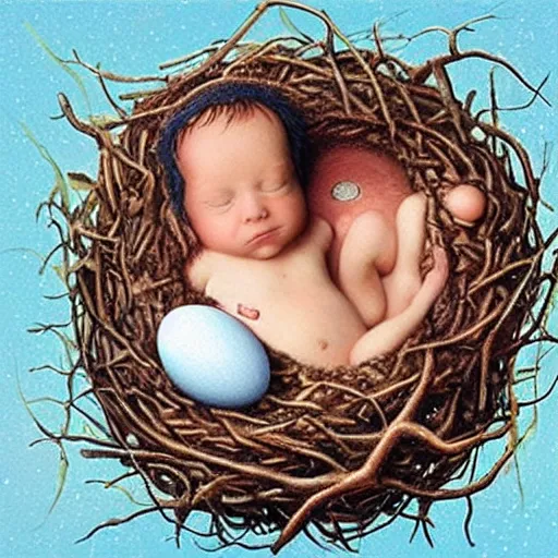 Image similar to baby mermaid next to a ooen egg in a nest, realistic, high detailed, fantasy art, anne geddes