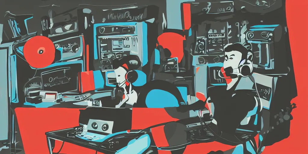 Prompt: ' black monkey '!!! listening to'music!!!!!!'in front of'radio console '!!!! and'multi onitors!!!!!!'wearing'headphones!!!!'in a dj radio broadcasting studio, artwork by james gilleard