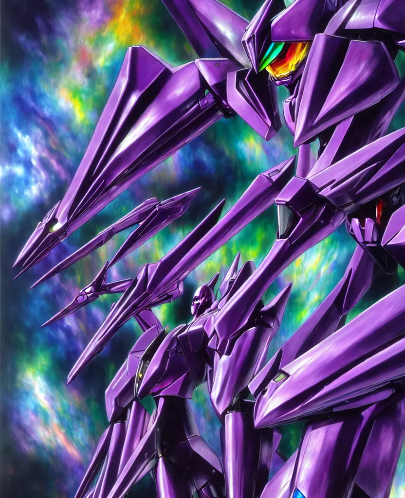 Image similar to realistic detailed image of ultra wrathful rainbow diamond iridescent mega eva 0 1 from neon genesis evagelion, depth perception, depth of field, action horror by ayami kojima, neo - gothic, gothic, part by adrian ghenie and gerhard richter. art by yoshitaka amano. masterpiece