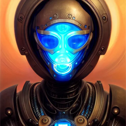 Image similar to front shot of a cyberpunk gazmask robot character, intricate, elegant, highly detailed, centered, digital painting, artstation, concept art, smooth, sharp focus, illustration, artgerm, Tomasz Alen Kopera, Peter Mohrbacher, donato giancola, Joseph Christian Leyendecker, WLOP, Boris Vallejo