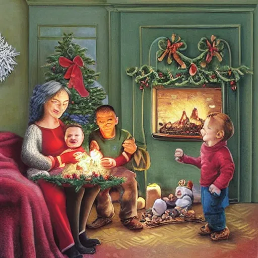 Prompt: “a merry Christmas card realistic painting of a happy family, in the foreground there’s a mother with two children on her lap, a boy and a girl. They’re smiling at the camera. There’s a decorated green Christmas tree and a log fire burning in the background. On the sofa is a scruffy homeless man sleeping.”