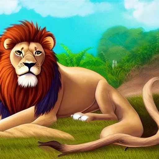 Prompt: Lion resting in the shade, Cartoon for children's book 2-4 years, ArtStation, sharp focus, 4k