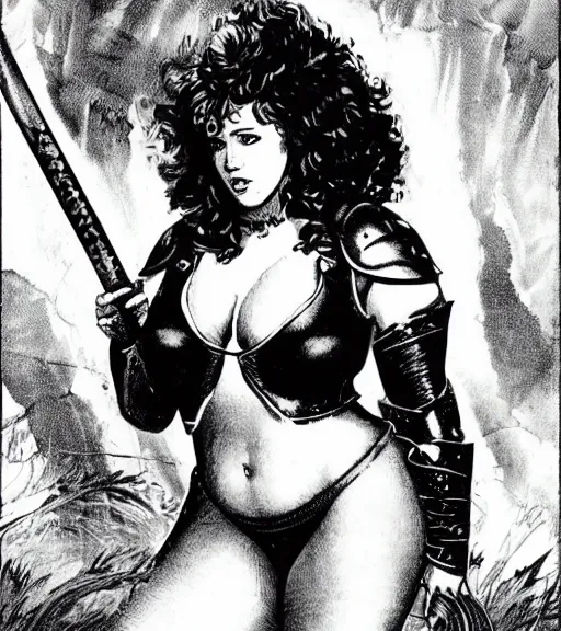 Prompt: 1 9 8 0 s fantasy novel book cover, bbw plus size amazonian young molly ringwald in extremely tight bikini armor wielding a cartoonishly large sword, exaggerated body features, dark and smoky background, low quality print