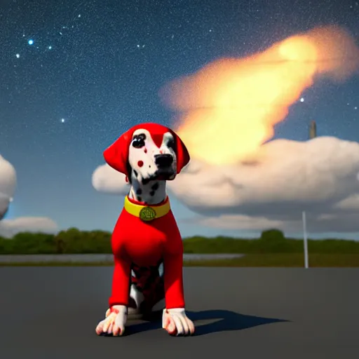 Image similar to fire dog dalmatian, 3 d model, unreal engine, red uniform, badge on collar, fire helmet, 4 k, pixar style, dreamworks style, artstation, octane render, nebula, clouds, starry sky