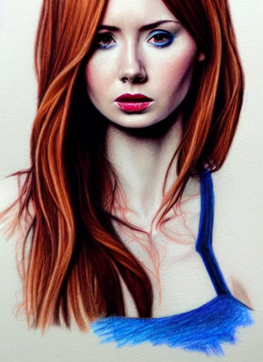 Prompt: Karen Gillan, complex artistic color pencil sketch illustration, full detail, gentle shadowing