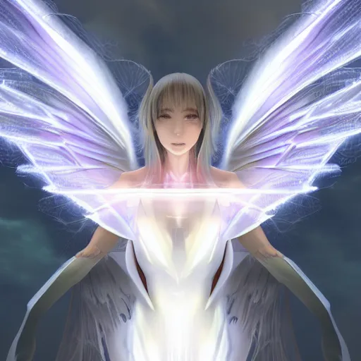 Prompt: realistic clean studio digital art of a futuristic anime white woman blade - angel with glowing mystic robotic wings, 2 0 7 7 city, sparks behind the woman. portrait shot. the wings have some sharp thin blades. the face is cleary visible. the woman is smirking.