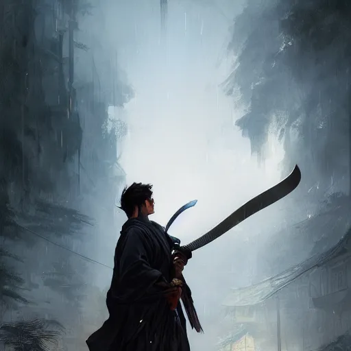 Prompt: a photorealistic dramatic fantasy render of a handsome man carrying a rough heavy sword over back and clasical japanese kimono by wlop, artgerm, greg rutkowski, alphonse mucha, beautiful dynamic dramatic dark moody lighting, shadows, cinematic atmosphere, artstation, concept design art, octane render, 8 k