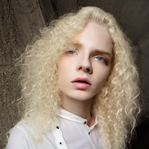 Prompt: a blond bombshell that is male, androgynous pretty pale skin, long curly blond hair, white shirt and black miniskirt