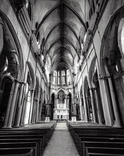 Image similar to a disposable camera photo of an abandoned cathedral haunted by a ghost