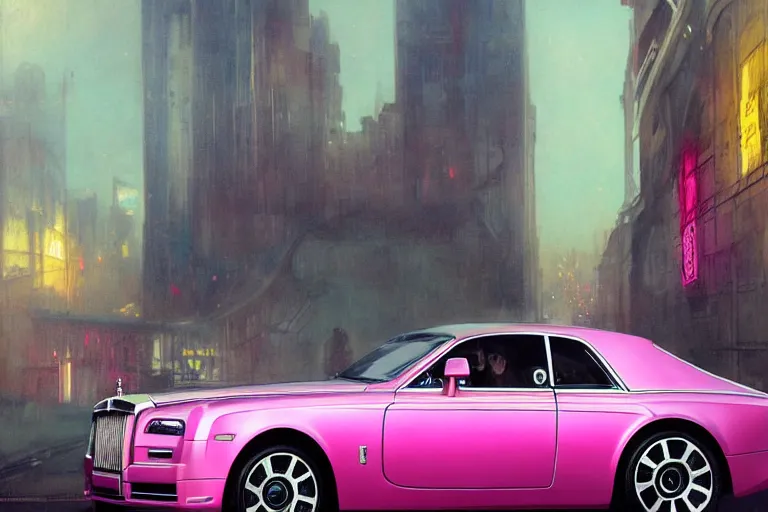 Prompt: photograph of a shiny hot pink rolls royce, with a sleek spoiler, driving down the streets of london cyberpunk city, by greg rutkowski, by stanley artgerm, by alphonse mucha