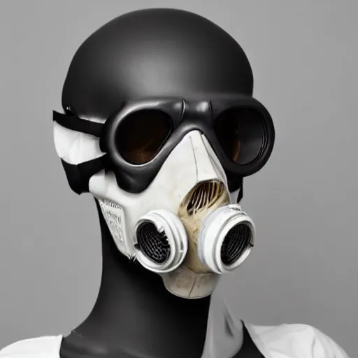 Image similar to a hyper realistic photoshoot of a gas mask in the shape of a human skull in white studio lit backround