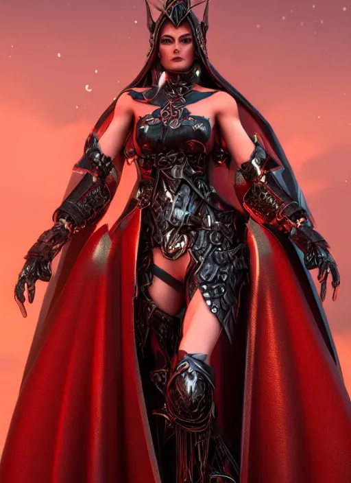 Image similar to Goddess Hades wearing leather fantasy battle armor with a red cloak by Ilya Kushvikov, symmetrical face concept art, octane render unreal engine meta humans, trending on artstation