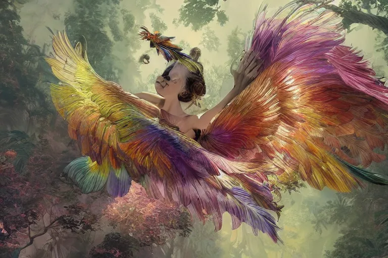 Image similar to a rainbow feathered pig with wings, flying above a tropical forest, HD, illustration, epic, D&D, fantasy, intricate, elegant, highly detailed, digital painting, artstation, concept art, smooth, sharp focus, illustration, wallpaper, art by artgerm and greg rutkowski and alphonse mucha and jin xiaodi and anthony devine