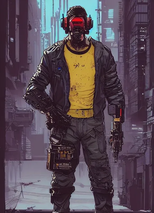 Image similar to Menacing Hector. buff cyberpunk mercenary wearing a cyberpunk headset, military vest, and jumpsuit. square face. Concept art by James Gurney and Laurie Greasley. Industrial setting. ArtstationHQ. Creative character design for cyberpunk 2077.