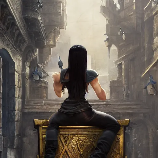 Prompt: a painting of tifa from final fantasy 7, in kings landing from game of thrones, sitting majestic on the iron throne, by greg rutkowski, artgerm, wlop, ruan jia, krenz cushart, alphonse mucha, marble, gold, unreal engine 5