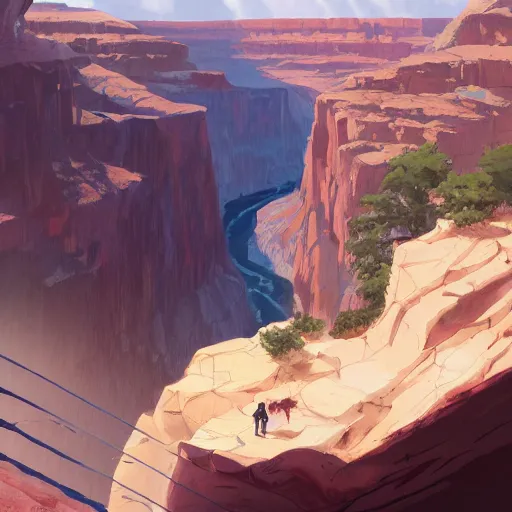 Image similar to concept art painting of a grand canyon filled with water, giant river, with stone bridge under construction realistic, detailed, cel shaded, in the style of makoto shinkai and greg rutkowski and james gurney