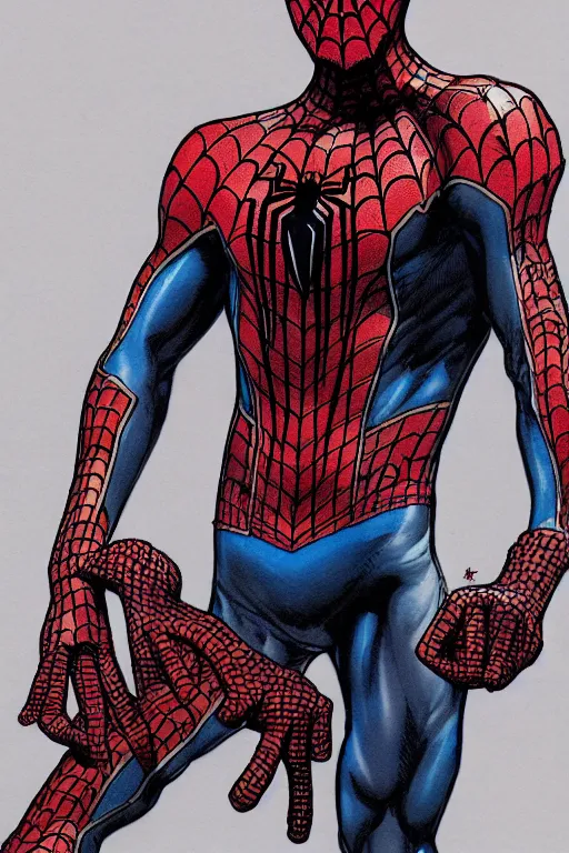 Image similar to full body portrait of spiderman, concept art, sumi - e style, intricate linework, artstation, trending, highly detailed, smooth, focus, art by yoji shinkawa and glenn fabry,