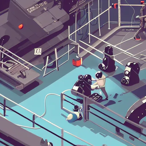 Image similar to a beautiful highly detailed vector illustration close up of a boxing match with robots in a factory, punk styling by atay ghailan, cliff chiang, loish and goro fujita, silver, silver, brown, black, blue and cyan tones, featured on artstation, featured on behance, grunge aesthetic