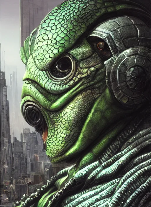 Prompt: cyberpunk turtle downtown tokyo mf doom reptile eyes, green and gray skin. intricate, elegant, highly detailed, centered, digital painting, artstation, concept art, smooth, sharp focus, illustration, artgerm, tomasz alen kopera, peter mohrbacher, donato giancola, joseph christian leyendecker, wlop, frank frazetta