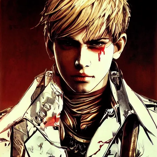 Image similar to portrait of a young white hero using his right arm to hold his sword covering his eye by yoji shinkawa, high quality, extra details, realism, ornate, colored, golden chain, blood, white skin, short hair, brown eyes, vivid, sunlight, dynamic, american man, freedom, white american soldier, painting