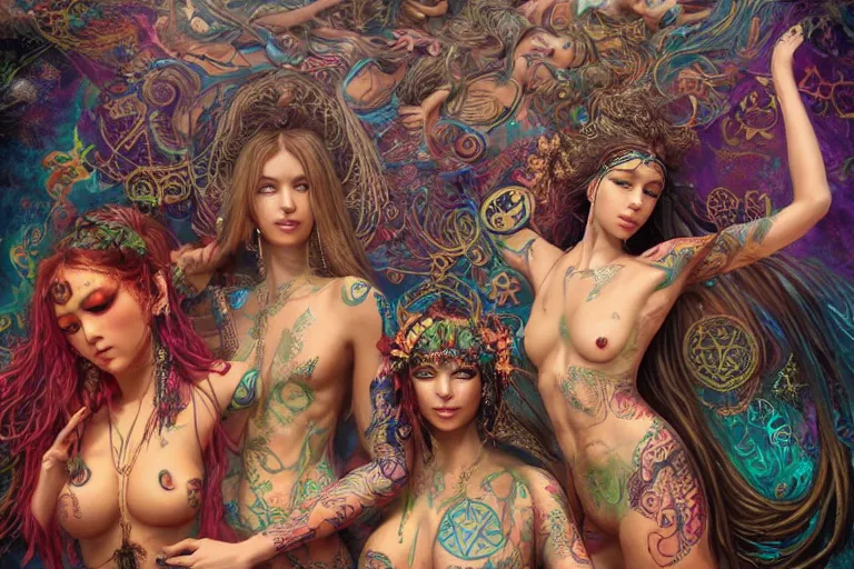 Image similar to a centered full body render of a harem alluring festival hippies with tribal tattoos surrounded by a underwater ink pour and flowing liquid galium and sacred geometry, perfect body face and hands, powerful, cinematic, beautifully lit, by artgerm, by karol bak, by donato giancola, 3 d, trending on artstation, octane render, 8 k