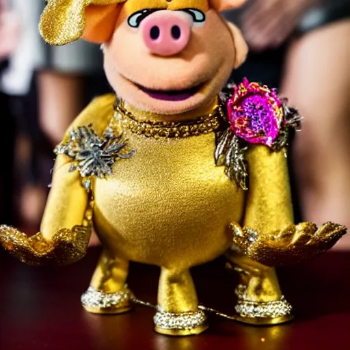 Prompt: pig hiker wearing a gold crown as a Muppet holding a silver platter 8k