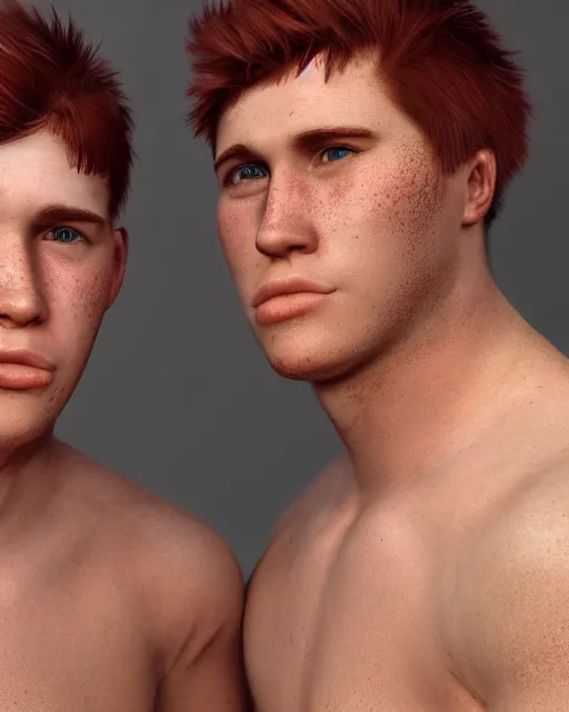 Image similar to portrait of short and stocky, 1 9 - year - old male twins with red hair and freckles, hyper realistic face, beautiful eyes, character art, art by mark brooks, hyperdetailed, cryengine, trending on artstation, digital art