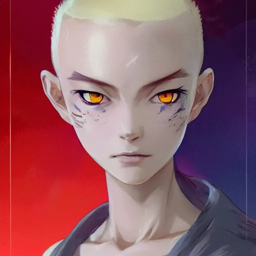 Image similar to portrait of anime pixie character with half shaved hair, manga cover, highly detailed, digital painting, artstation, concept art, sharp focus, illustration, strong brush stroke, anime, art by greg rutkowski, ilya kuvshinov, sharp focus, ghibli studio, art by ilya kuvshinov, rossdraws