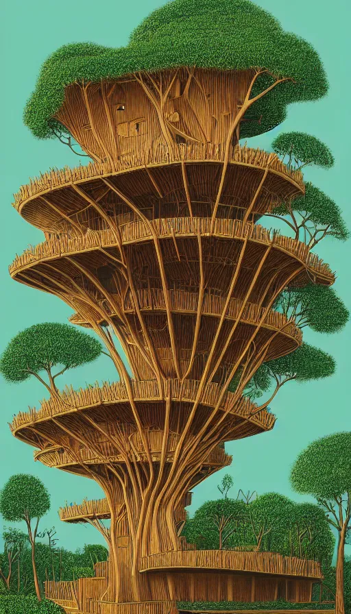 Prompt: a beautiful very detailed illustration of treehouse unfinished building by oscar niemeyer, sunset alien, archdaily, wallpaper, highly detailed, trending on artstation.