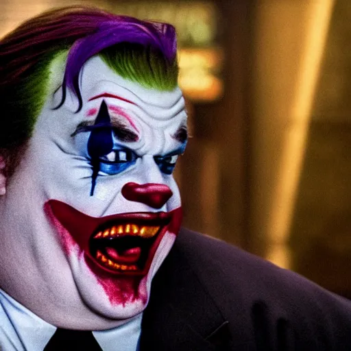 Image similar to stunning awe inspiring chris farley as the joker movie still 8 k hdr atmospheric lighting