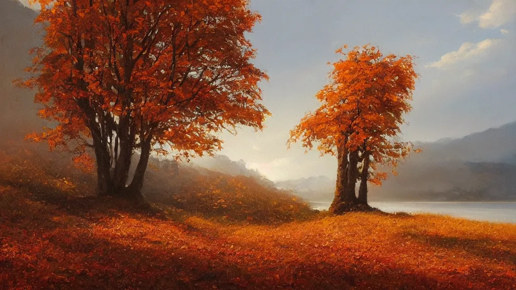 Image similar to A beautiful oil painting of hill with a single tree, the tree is in the rule of thirds, the fall has arrived and the leafs started to become golden and red, the river is zigzagging and flowing its way, the river has lots of dark grey rocks, by Greg Rutkowski