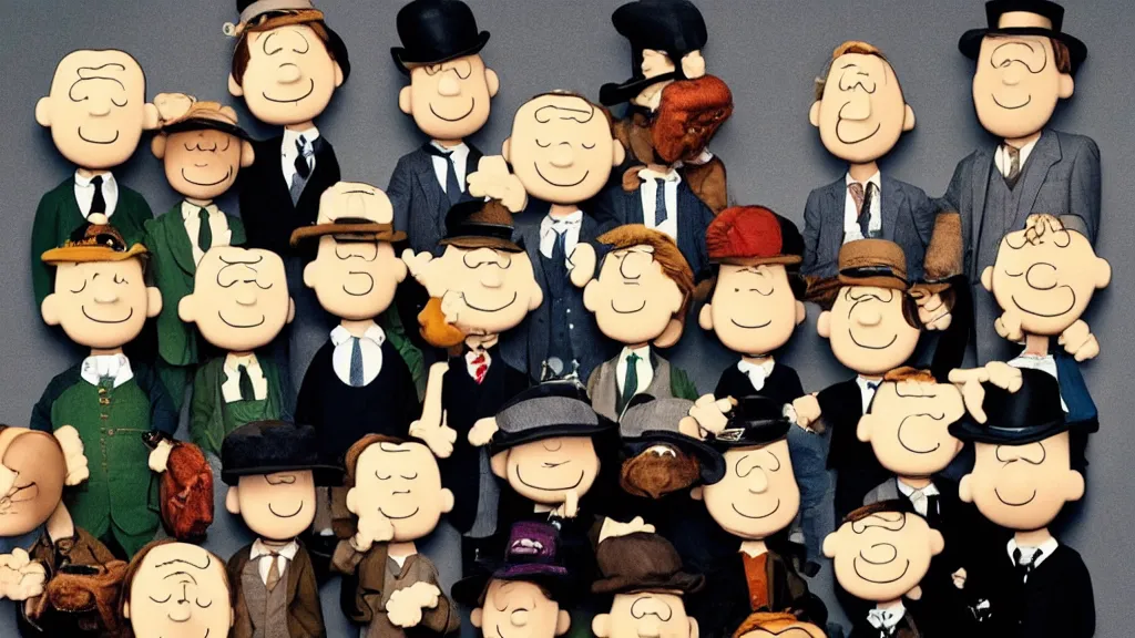 Image similar to peanuts heads dressed like the peaky blinders