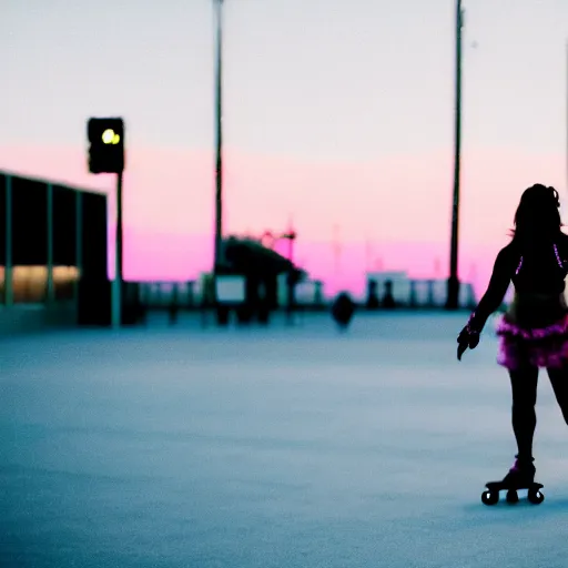 Image similar to a roller skater in a cinematic closeup. in santa monica at blue hour. canon eos c 3 0 0, ƒ 1. 8, 3 5 mm. 8 k. inspired by roger deakins cinematography