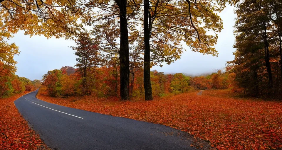 Prompt: a drive through a dreamy autumn north eastern twist and turn back road, with the windows down.