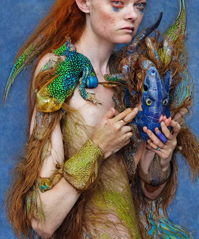 Prompt: a portrait photograph of a meditating fierce sadie sink as a colorful harpy antilope super hero with blue spotted skin with scales. she is being transformed into a alien amphibian. by donato giancola, hans holbein, walton ford, gaston bussiere, peter mohrbacher and brian froud. 8 k, cgsociety, fashion editorial