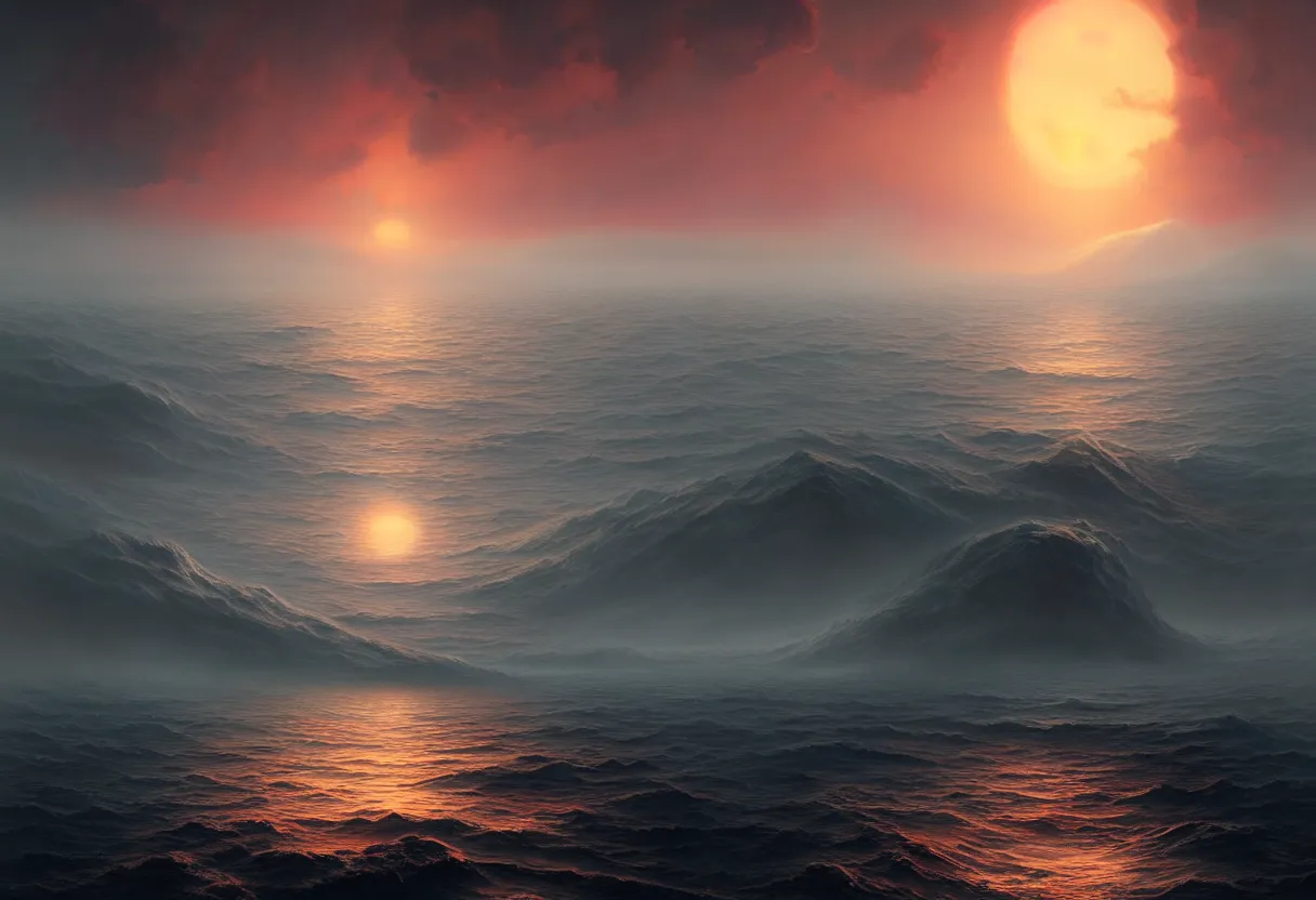 Image similar to strange sea surface of autumn planet at sunset, ultra high definition, ultra detailed, symmetry, fog, matte painting, by greg rutkowski and ross tran and wlop