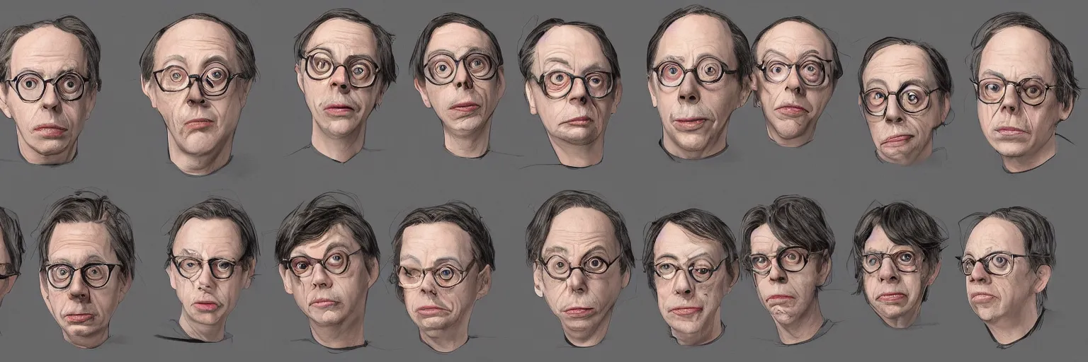 Image similar to character study of todd solondz and steve buscemi and paul dano, 2 0 2 2, clear faces, emotional, character sheet, fine details, concept design, contrast, kim jung gi, pixar and da vinci, trending on artstation, 8 k, full body and head, turnaround, front view, back view, ultra wide angle