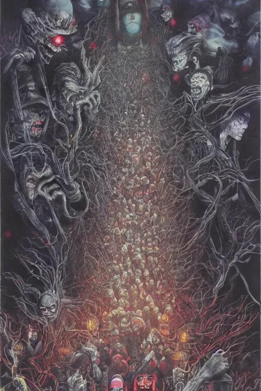 Image similar to 中 国 鬼 节, long procession of the dead is queuing up on the naihe bridge. comic book, psychedelic lights and fog, zdzislaw, ayami kojima, yamamoto, barclay shaw, karol bak, hyperrealist, 8 k