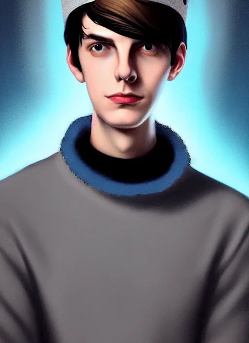 Image similar to portrait of teenage jughead jones wearing a light grey crown, crown, blue turtleneck, closed eyes, photorealistic, black hair, glowing lighting, intricate, elegant, glowing lights, highly detailed, digital painting, artstation, concept art, smooth, sharp focus, illustration, art by wlop, mars ravelo and greg rutkowski