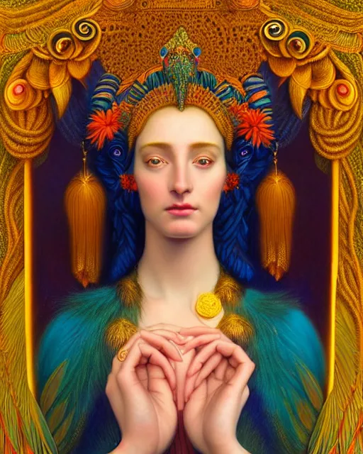 Image similar to portrait of the beautiful young goddess of birds, unusual beauty, etheric, outworldly colours, emotionally evoking symbolic metaphors, head in focus, fantasy, ornamental, intricate, elegant, highly detailed painting style photo, artstation, concept art, painterly, golden ratio, sharp focus, illustration, art by john william godward and leonora carrington and alphonse mucha,