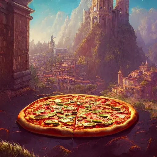 Prompt: ultra realistic illustration of pizza giant, intricate, fantasy italy, epic landscape, highly detailed, digital painting, artstation, concept art, smooth, sharp focus, illustration, art by tim mcburnie and conar cross and anato finnstark