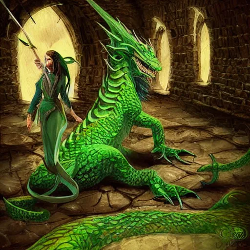 Prompt: fairy tale, painting, large green dragon!!!, venomfang, dnd, inside a dungeon, realistic, dungeons and dragons, cinematic composition, kodachrome, practical effect