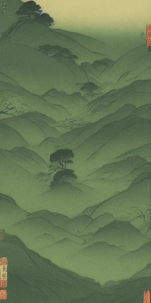 Image similar to lush green valley by ohara koson, 1 9 1 0