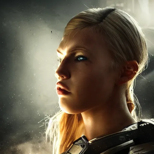 Image similar to beautiful blond cyborg girl in full battle gear in a destroyed city, moody lighting, 8 k, shallow depth of field, cinematic lighting,